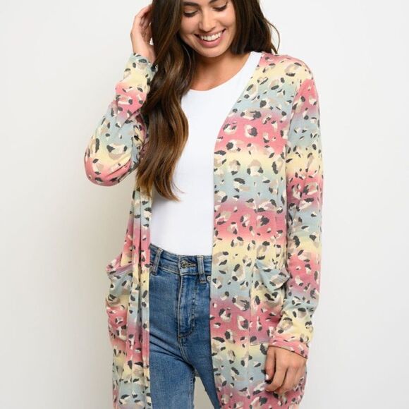 NEW! Women's Animal Print Multi Colored Long Sleeve Open Cardigan with Pockets - Picture 3 of 4